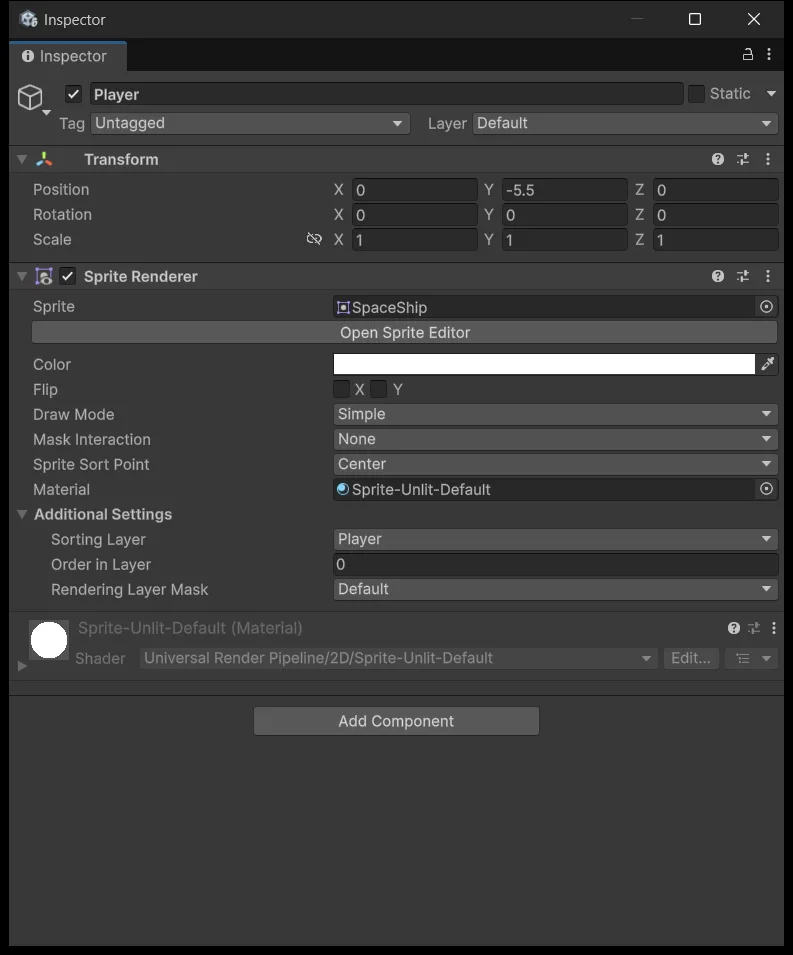 Transform và Sprite Renderer của Player