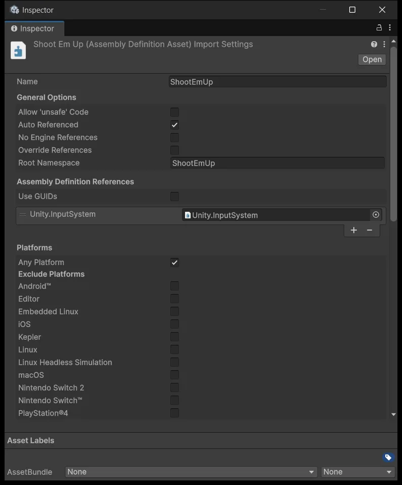 Unity.InputSystem trong danh sách reference của ShootEmUp.asmdef