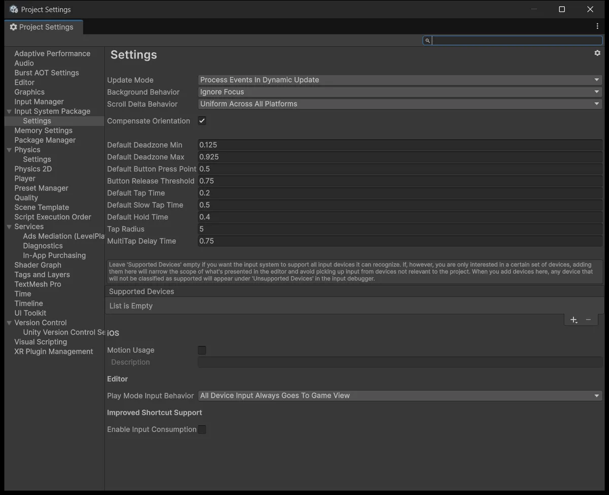 Active Input Handling trong Player Settings