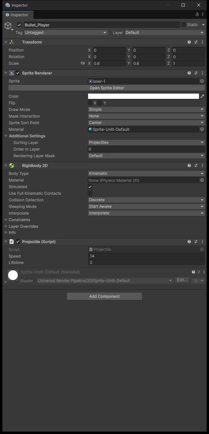 Inspector của Bullet_Player trong Prefab Mode