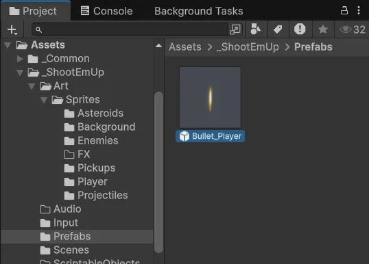 Bullet_Player.prefab nằm trong folder Prefabs
