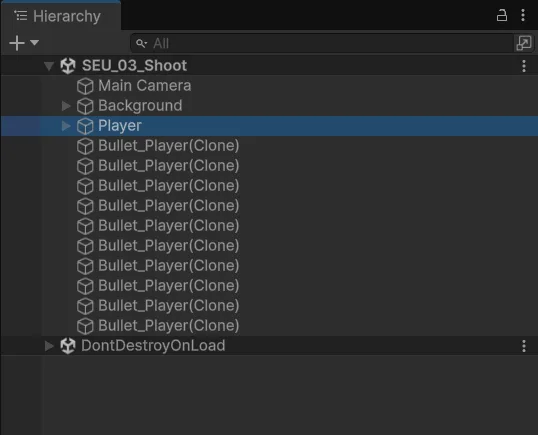 Hàng loạt Bullet_Player(Clone) trong Hierarchy lúc Play