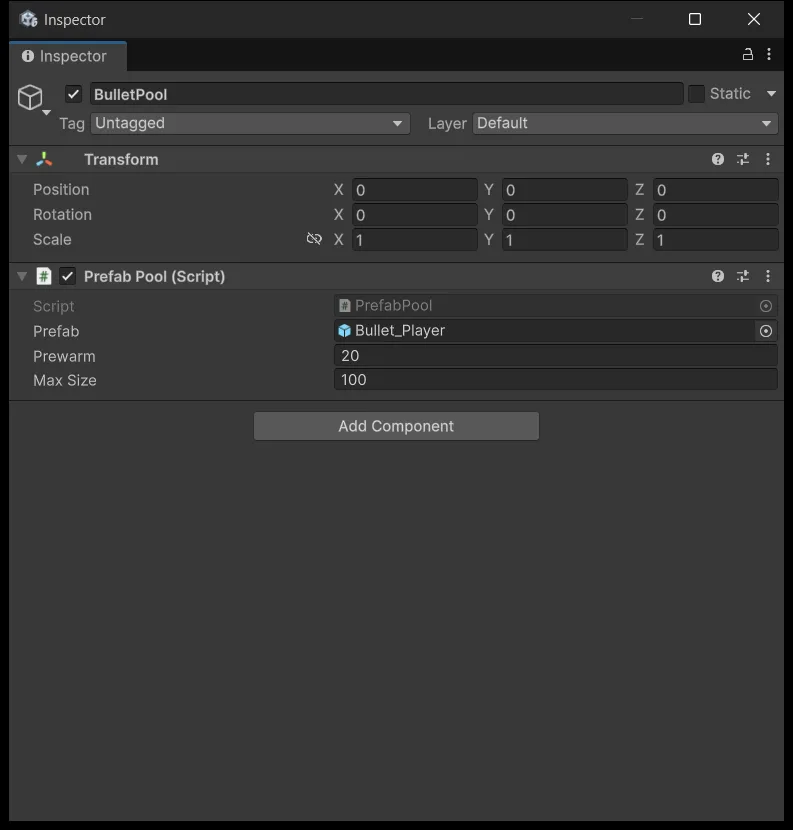 PrefabPool trên BulletPool đã điền đủ ba field