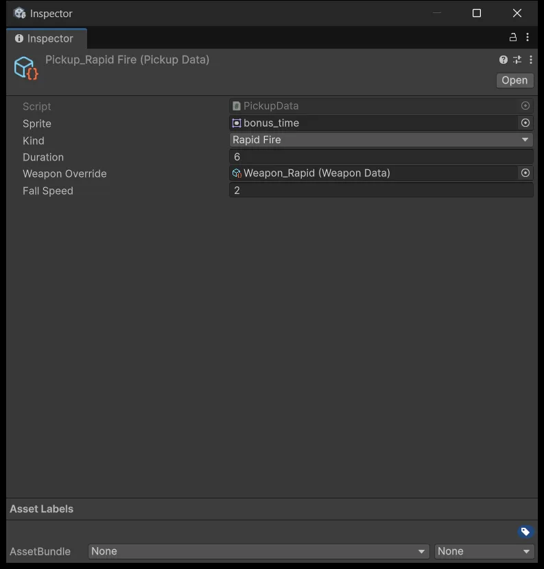 PickupData asset trong Inspector